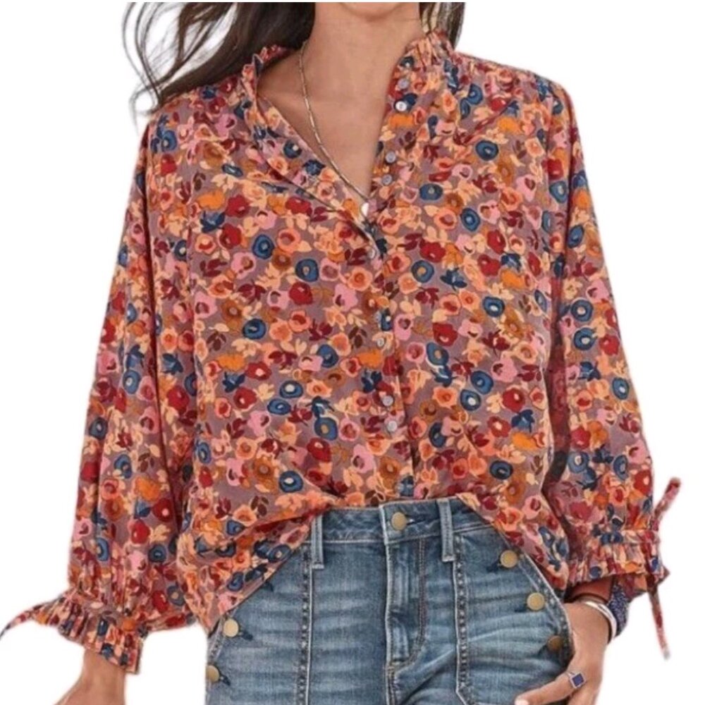 Sundance Multicolor Floral Ruffle-Trim Button Blouse